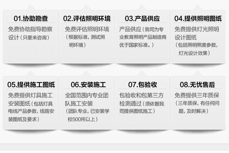 我司提供一站式教育照明解決方案：1、免費協助指導勘察設計（只要來咨詢）2、免費評估照明環境（根據標準，測試照明環境）3、產品供應（我司為專業教育照明產品制造商，優于國家標準。）4、免費提供燈光照明設計圖紙（包括照明照度參數，燈光設計效果）5、免費提供燈具施工安裝圖紙（包括燈具/電線產品參數，線路安裝圖紙及要求）6、全國范圍內專業團隊施工安裝（團隊專業，已安裝學校500所以上）7、包驗收和包第三方檢測通過（須依據我司提供圖紙施工）8、免費提供三年質保（三年質保，有任何問題，及時解決）